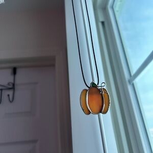 Adorable Stained glass pumpkin necklace with black chain